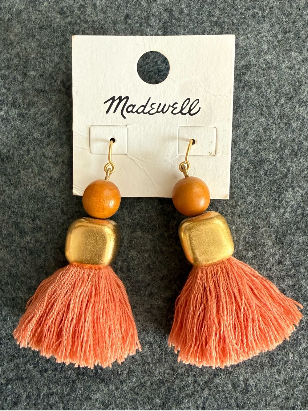 Madewell Peach Orange Tassel Drop Earrings with Gold Beads and Wood Beads